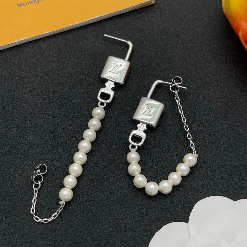 18K Louis Vuitton Pearl Lock Gold Earrings